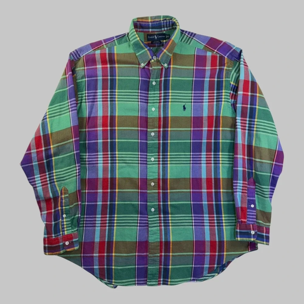 Polo Ralph Lauren Blake Mens XL Plaid Button Down Shirt Green Purple Multi Color